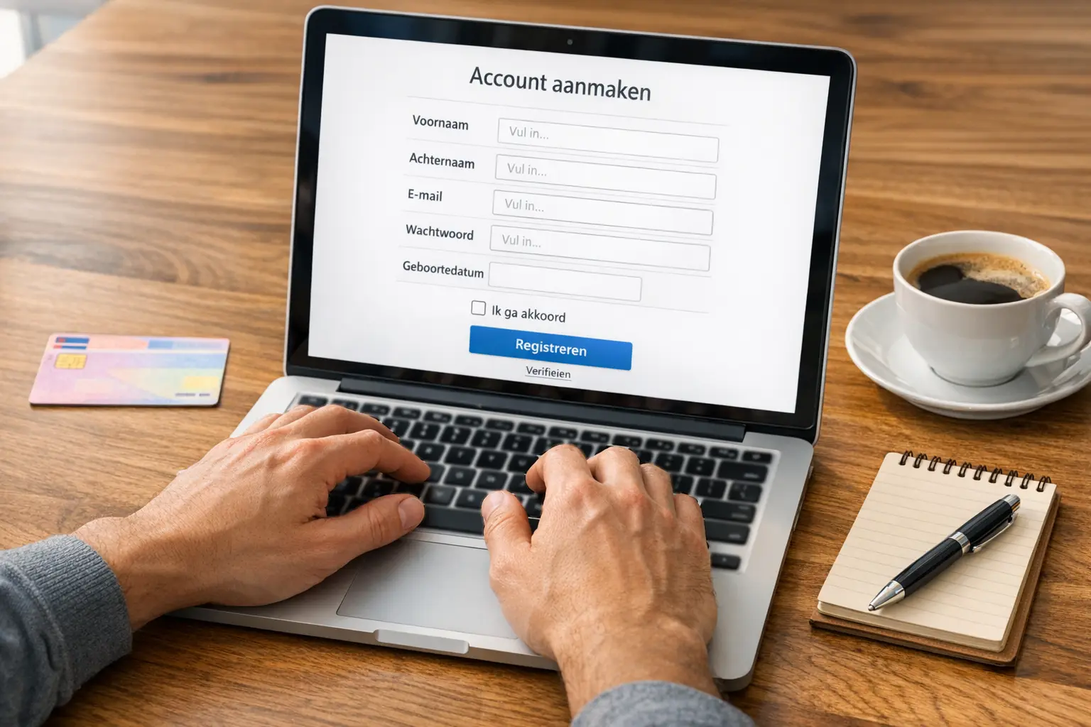 Persoon registreert account op laptop met identiteitsbewijs op bureau
