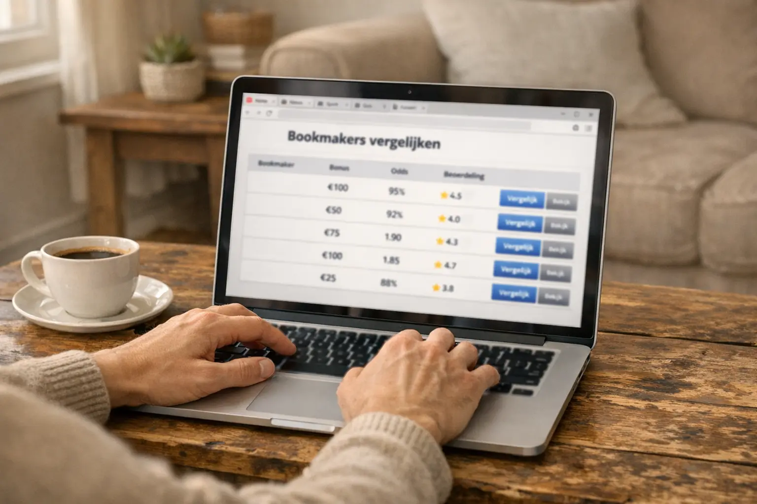 Persoon vergelijkt bookmakers op een laptop in een huiskamer