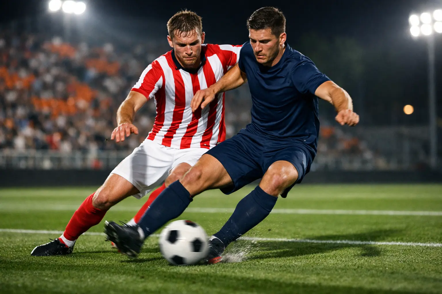 Voetballers in actie op een Eredivisie-veld met groene grasmat