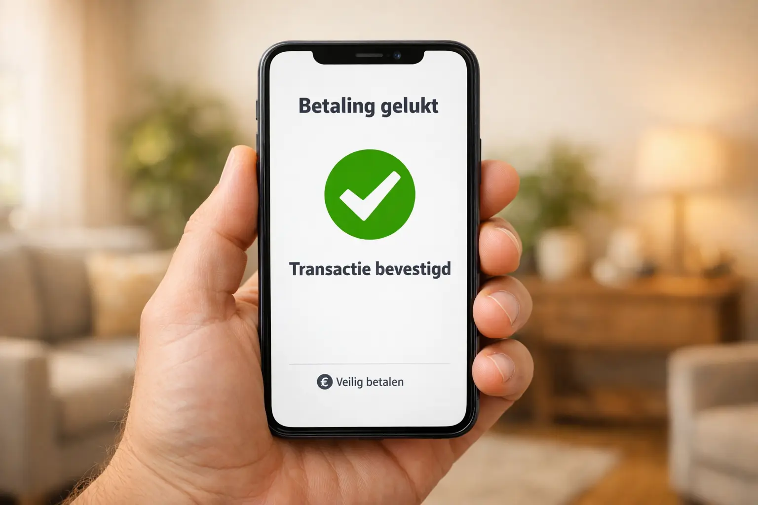 Hand houdt smartphone vast met iDEAL betaalscherm voor sportwedden