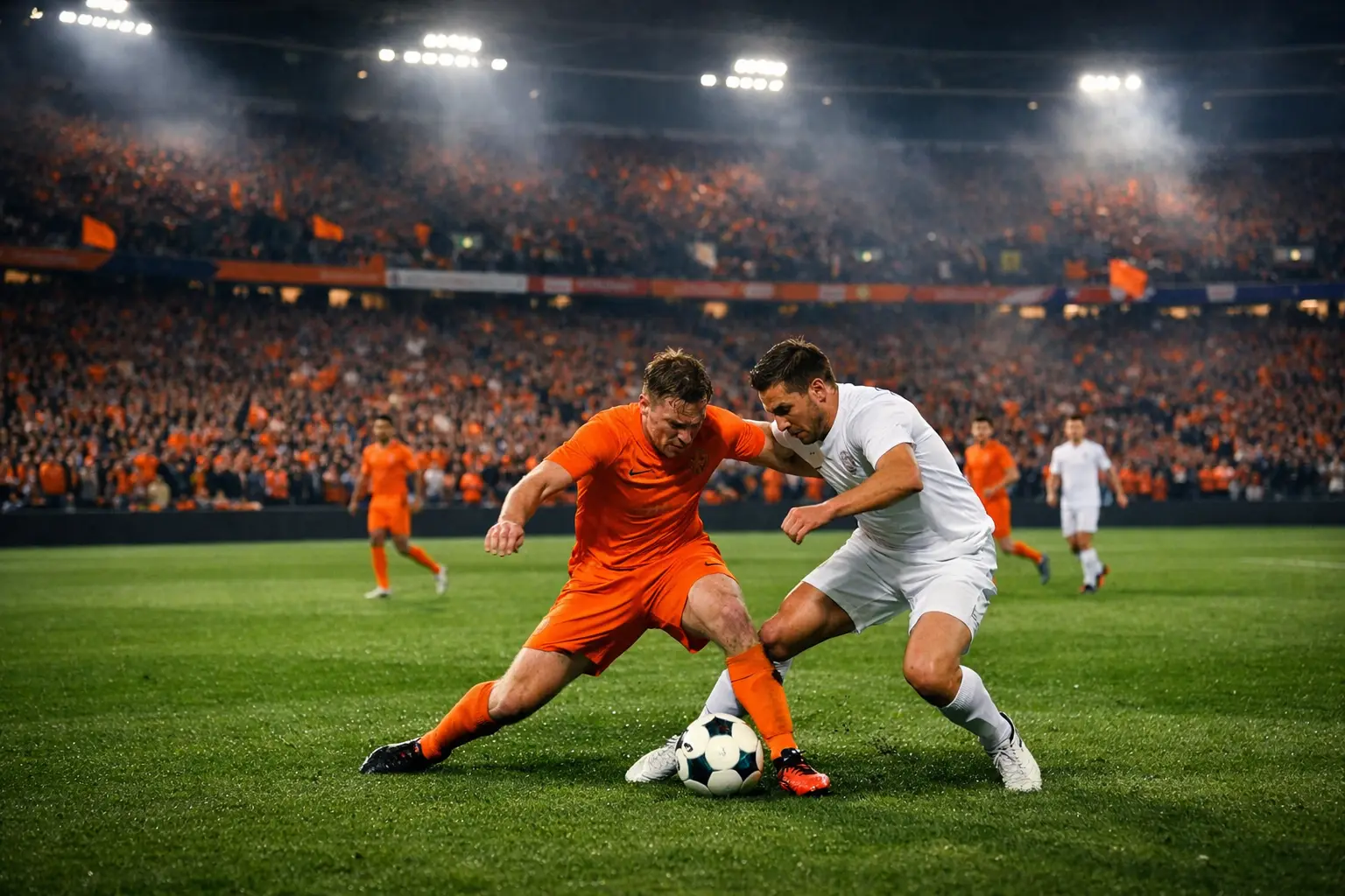 Voetbalwedstrijd in een vol Nederlands stadion met enthousiaste supporters