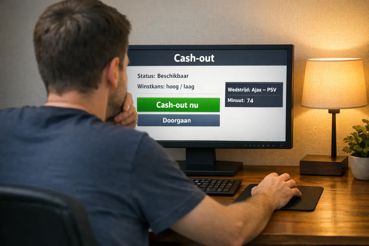 Persoon kijkt geconcentreerd naar een scherm met wedstrijdinformatie