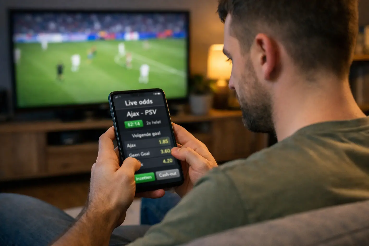 Persoon bekijkt live voetbalwedstrijd terwijl hij smartphone vasthoudt