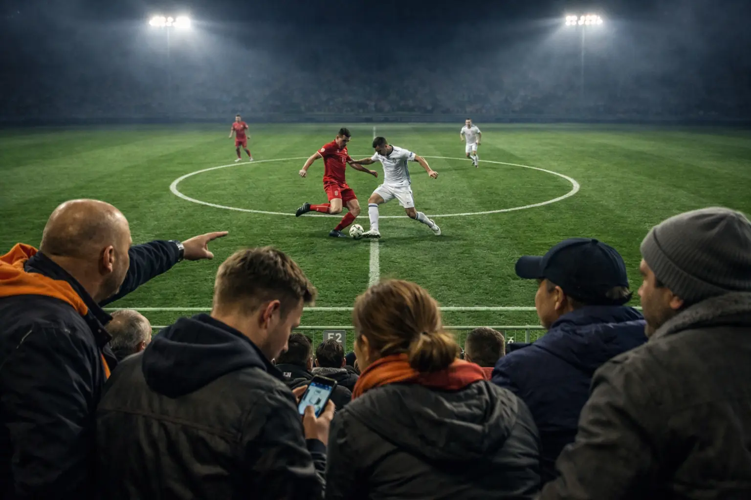 Intense voetbalwedstrijd met fans die de actie live volgen in het stadion