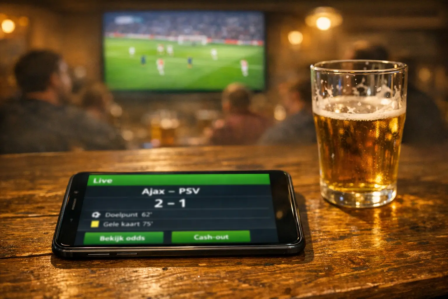Smartphone met live voetbalwedden app in een café met TV op achtergrond