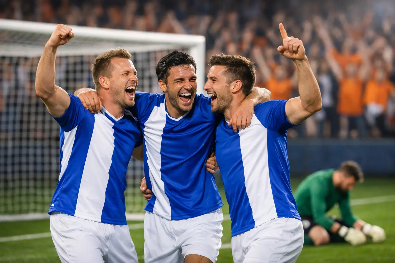 Voetballers vieren een doelpunt op het veld met juichende supporters op achtergrond