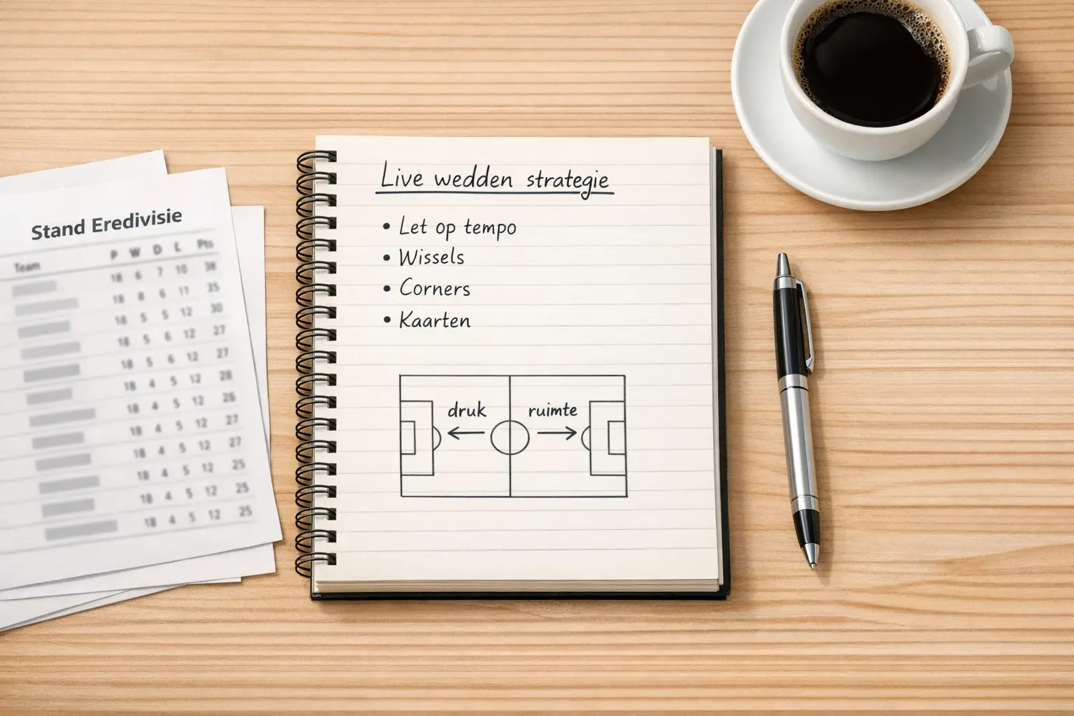 Notitieboekje met voetbalstrategie aantekeningen naast een kop koffie