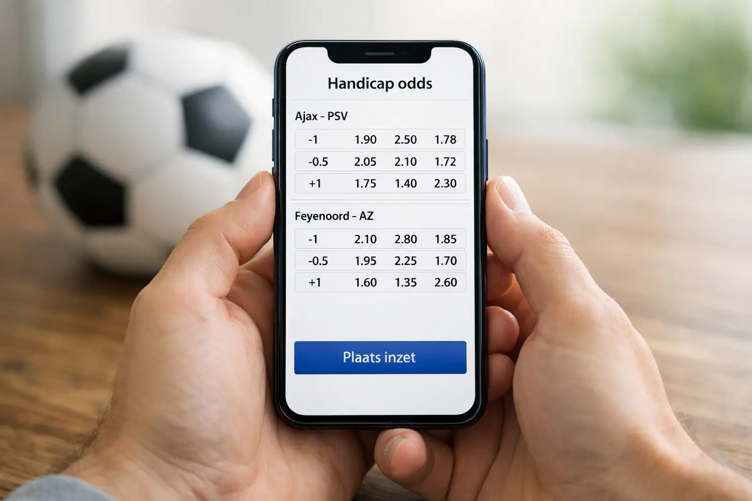 Smartphone met weddenschap-app en voetbal op achtergrond
