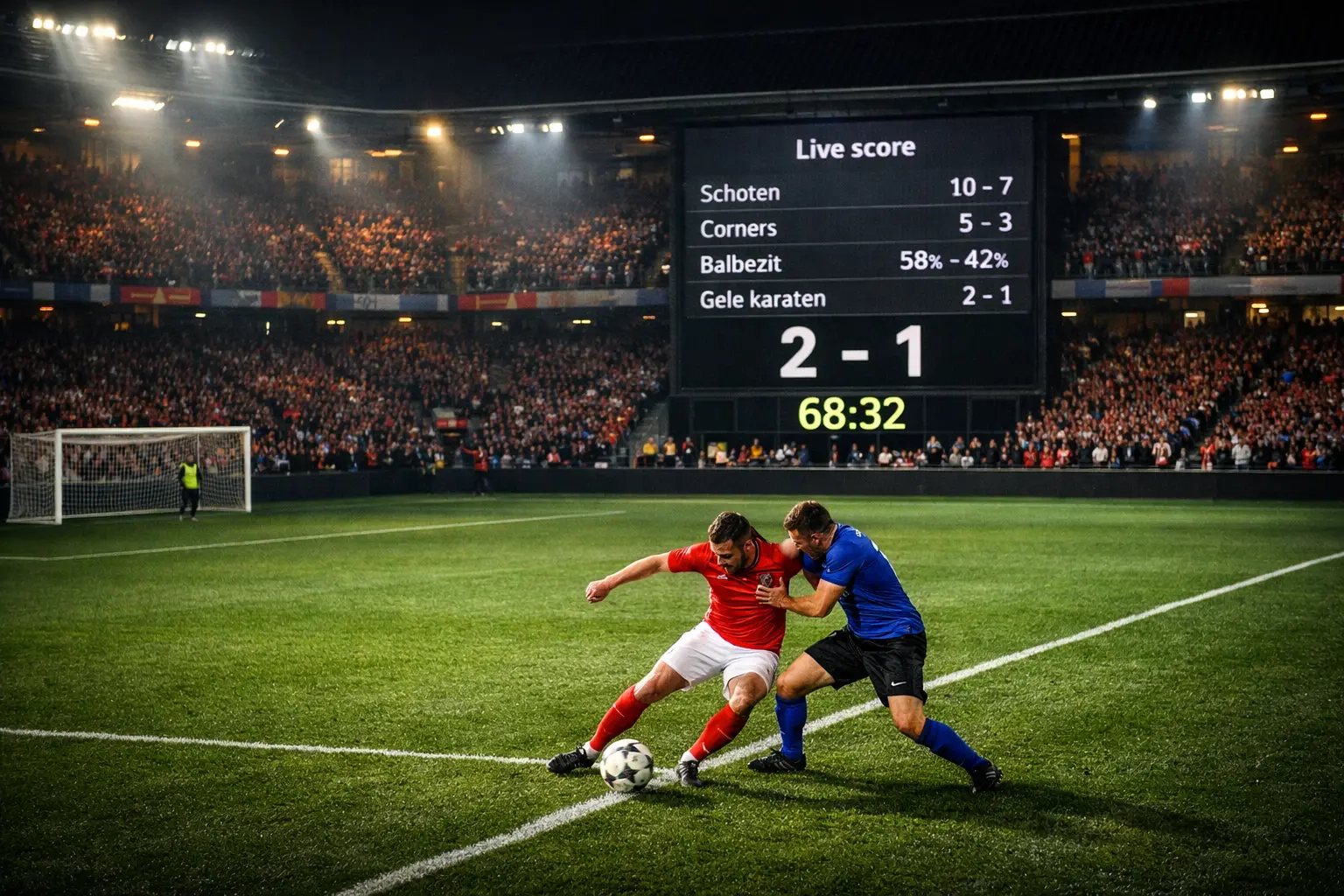 Voetbalwedstrijd met scorebord en supporters op de achtergrond