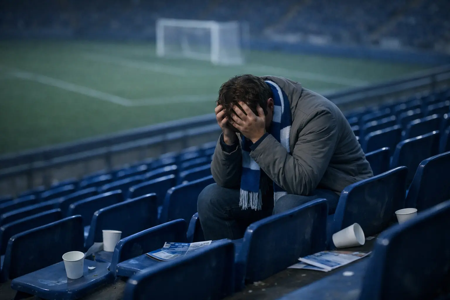 Voetbalsupporter kijkt gefrustreerd naar wedstrijdresultaat