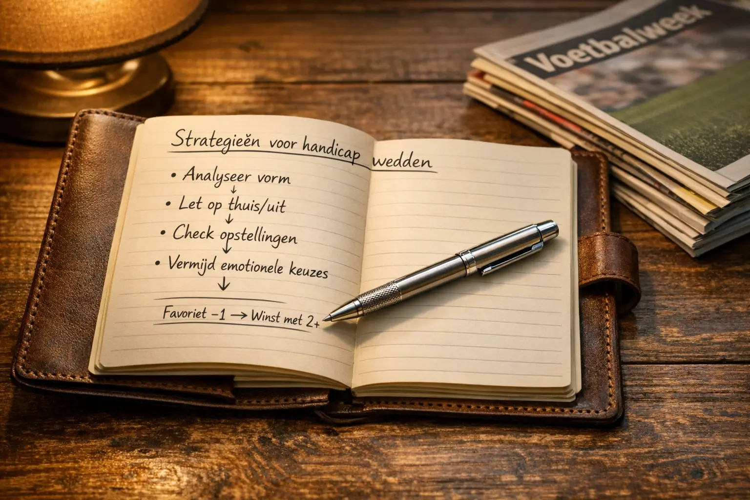 Notitieboek met wedstrategie en pen op houten tafel