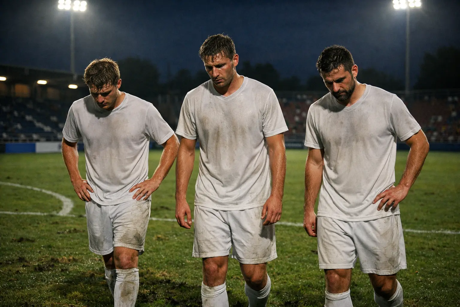 Vermoeide voetballers na intensieve wedstrijd op het veld