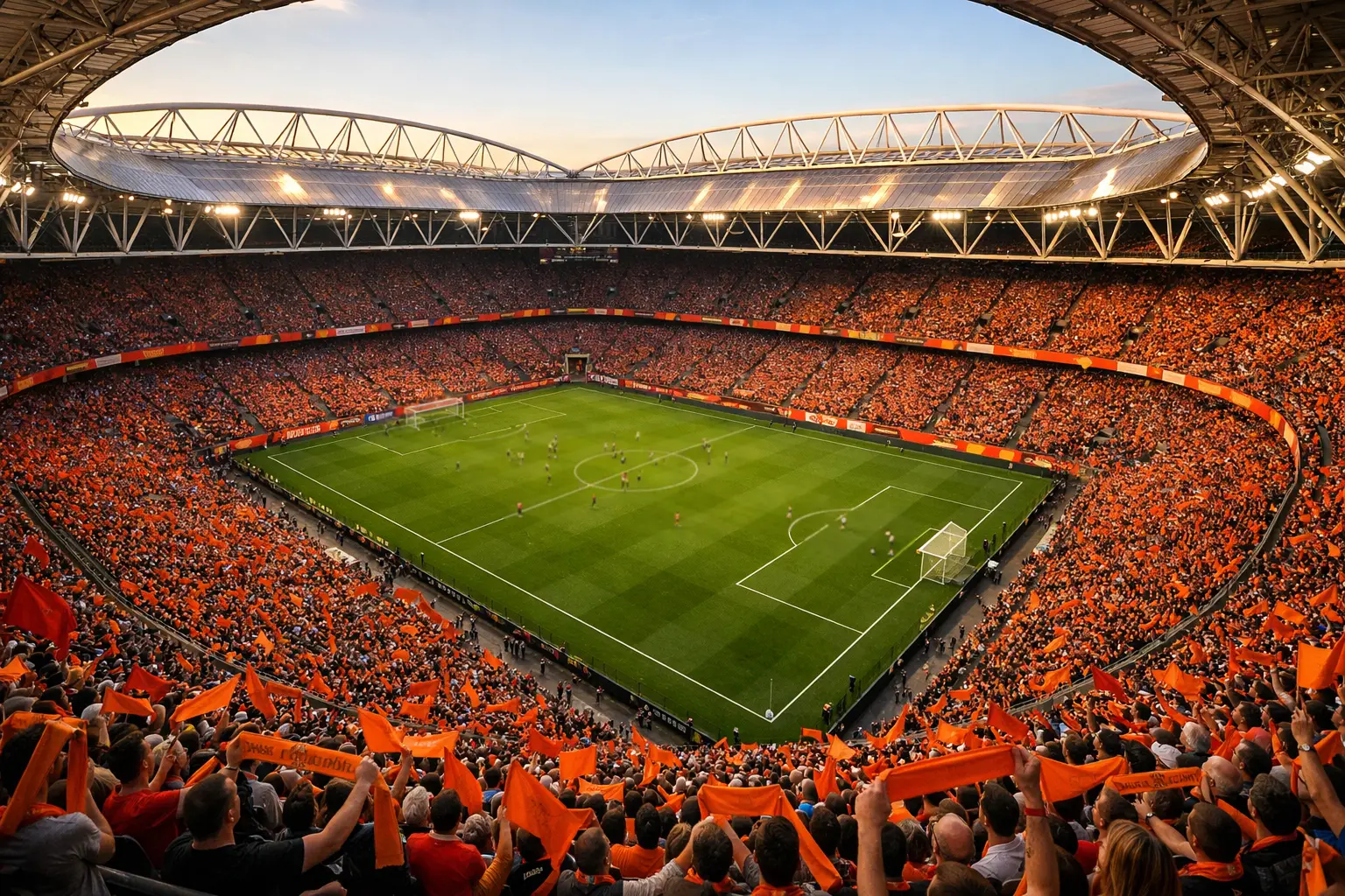 Eredivisie voetbalstadion met Nederlandse vlaggen en supporters