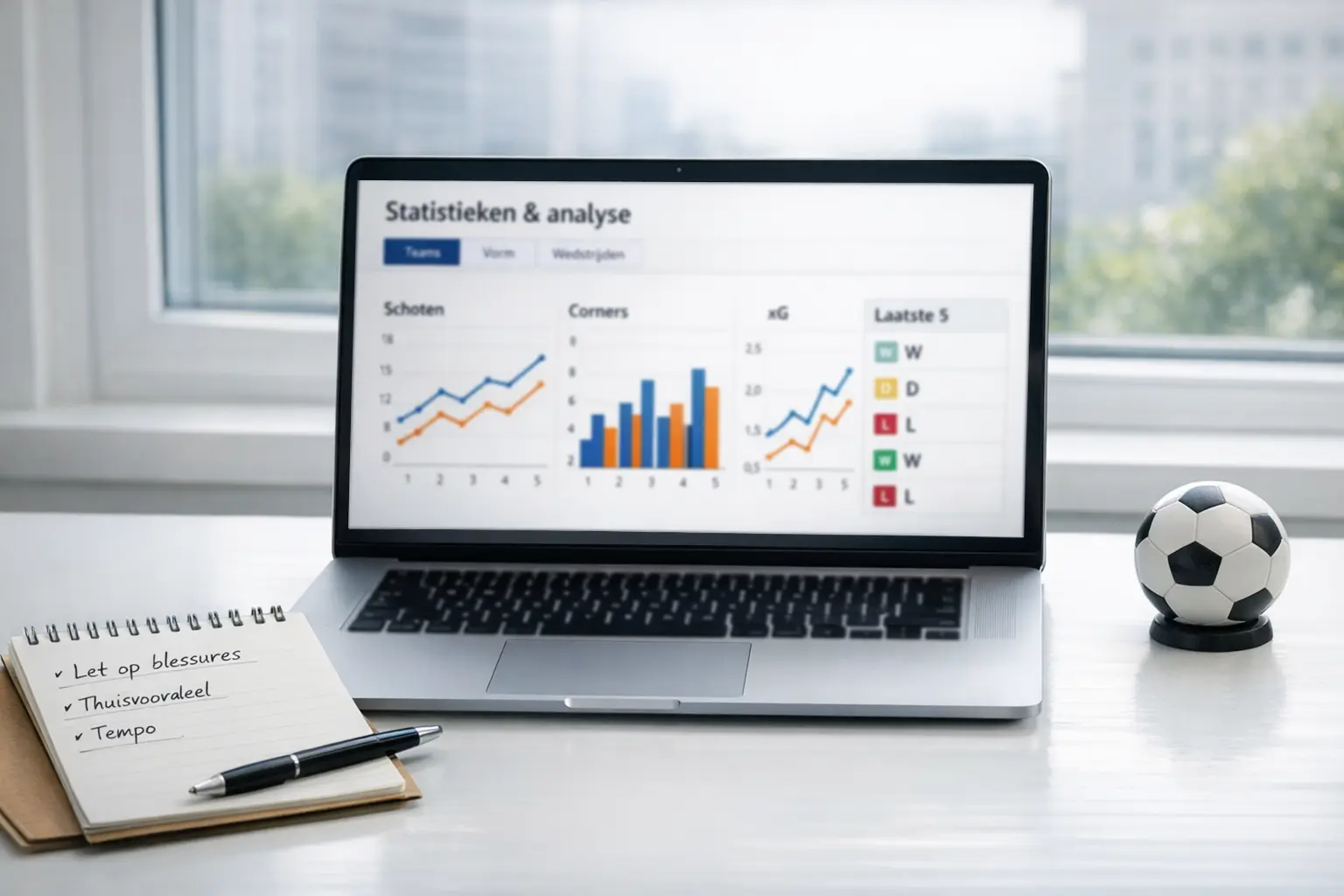 Laptop met voetbalstatistieken en grafieken op scherm