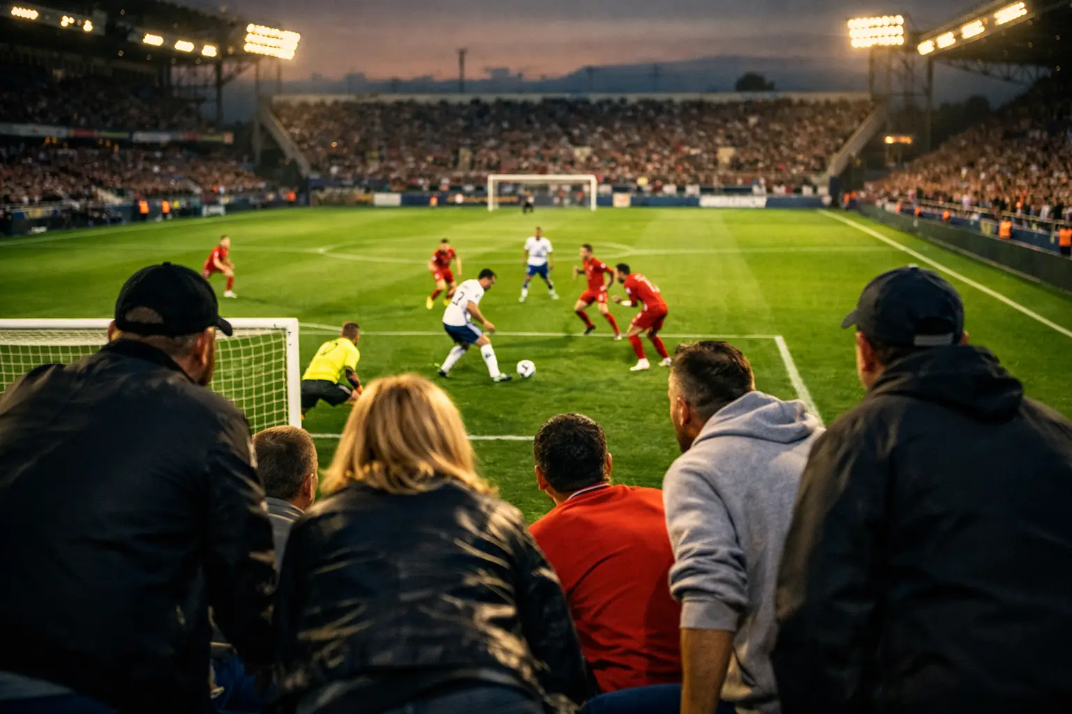 Voetbalwedstrijd vanuit tribune met spanning en emotie