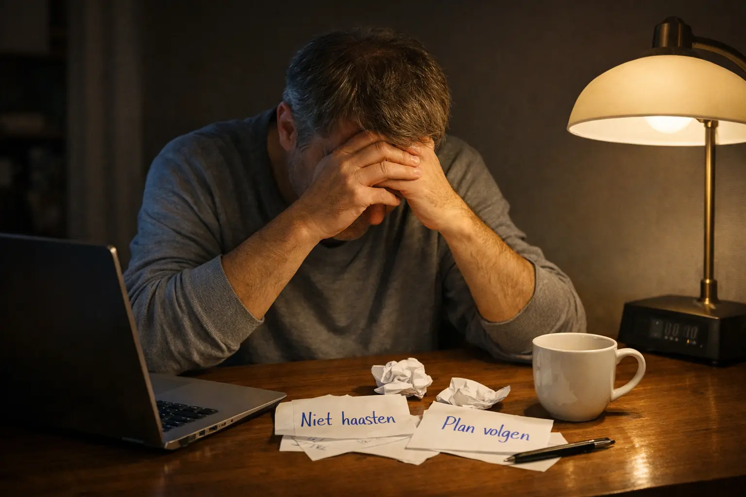 Gefrustreerde persoon met hoofd in handen achter laptop