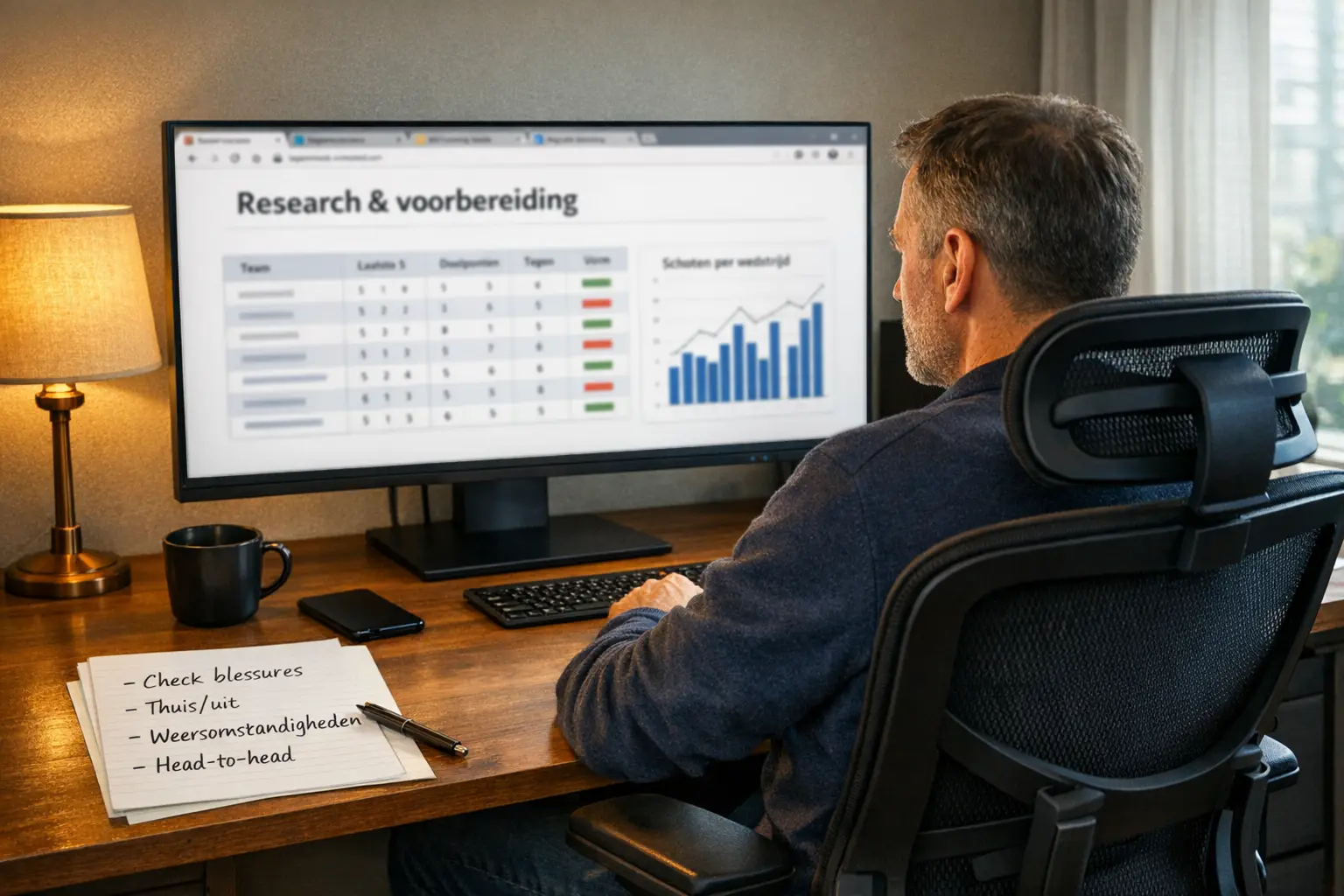 Persoon bestudeert teamstatistieken op computerscherm