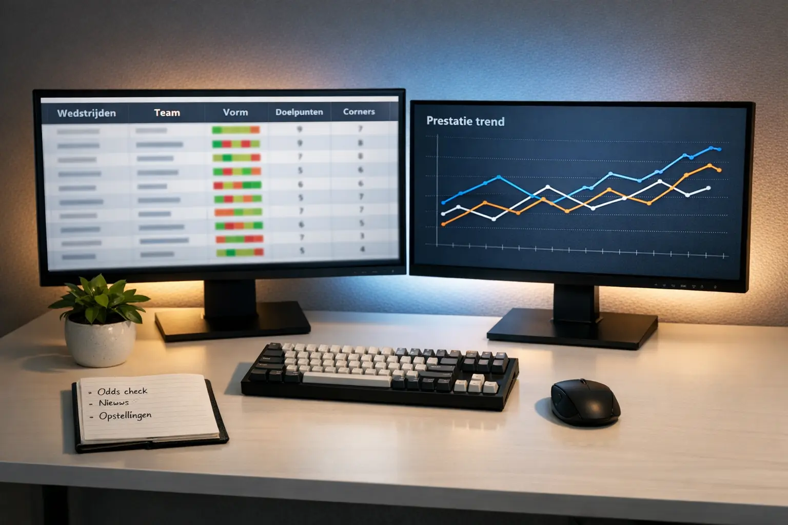 Moderne werkplek met meerdere schermen en analyse software