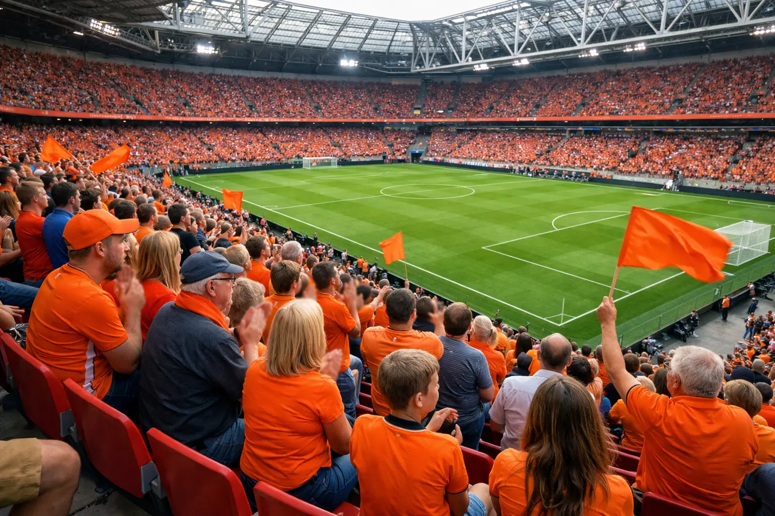 Nederlands voetbalstadion met oranje supporters op de tribunes tijdens Eredivisie wedstrijd