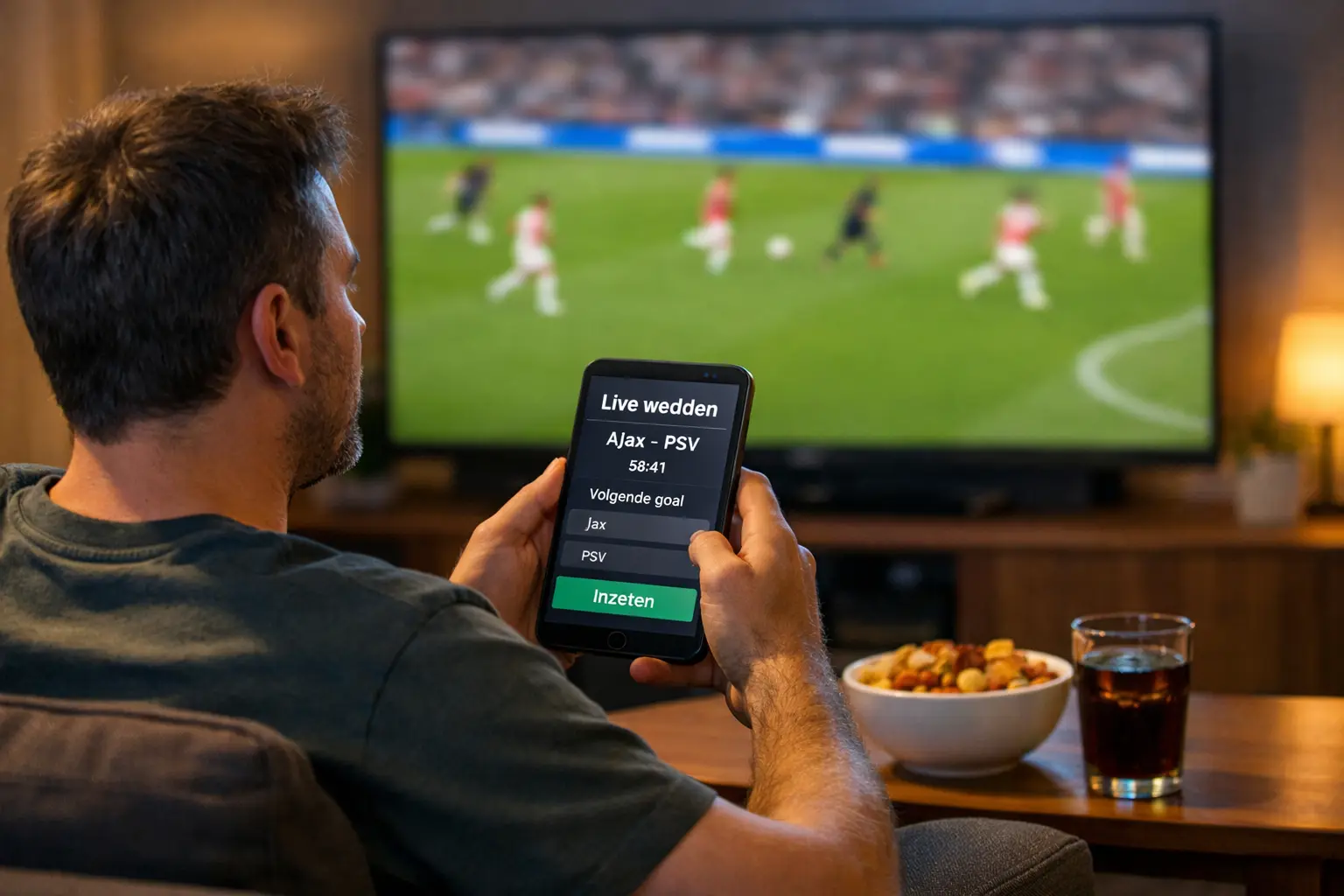 Supporter kijkt voetbalwedstrijd op televisie met smartphone in hand voor live wedden