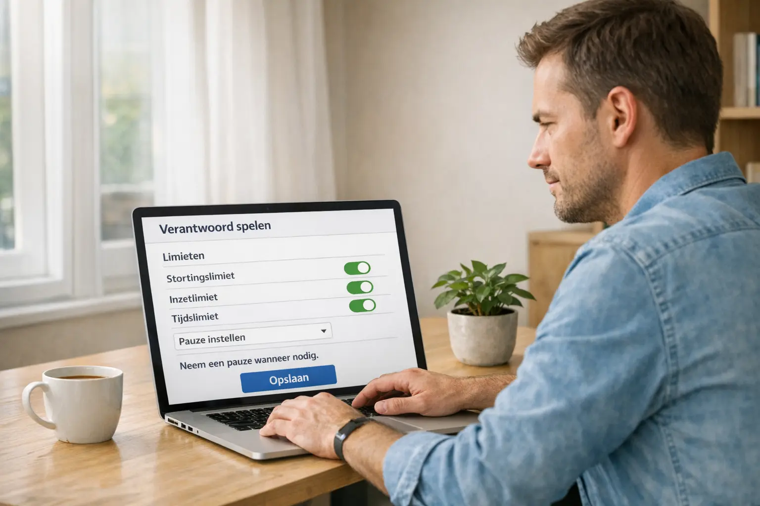 Persoon stelt limieten in op wedapplicatie met koffiekop naast laptop