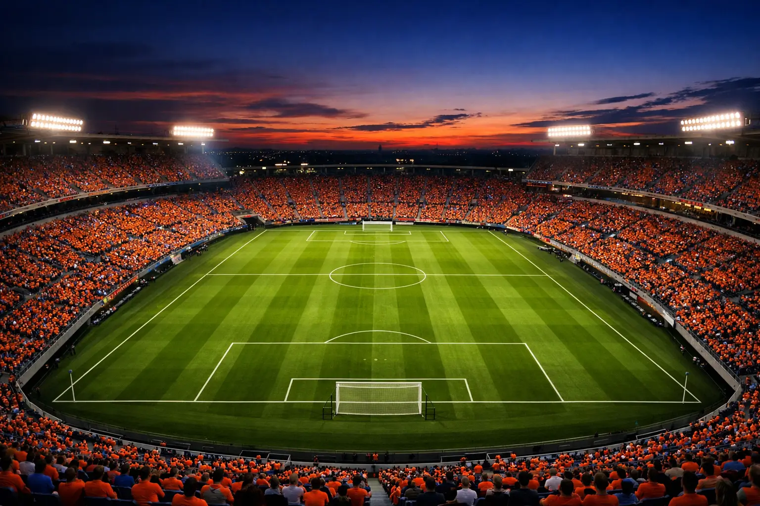 Voetbalstadion met groene grasmat en verlichte tribunes tijdens een avondwedstrijd