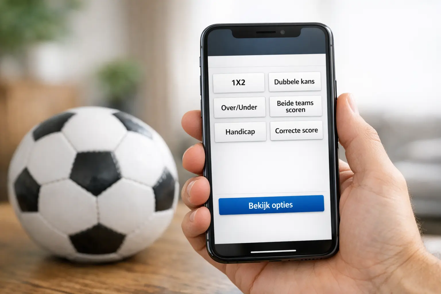 Wedformulier op smartphonescherm met verschillende weddenschapopties naast voetbal